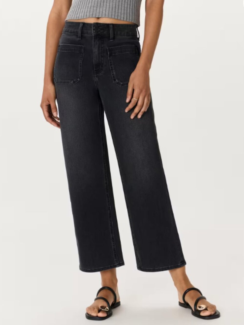 Quince Bella Stretch Patch Pocket Wide Leg Jeans-Faded Black-Size28-Inseam 26